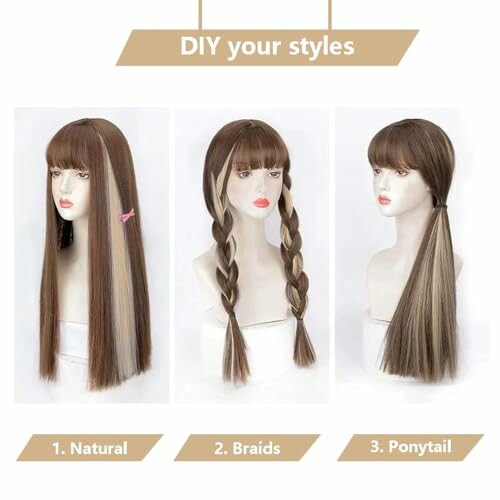 Three mannequin heads with different hairstyles: natural, braids, and ponytail.