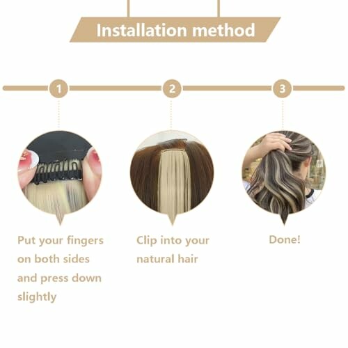 Steps to install hair extensions: press down clips, clip into hair, and finish.